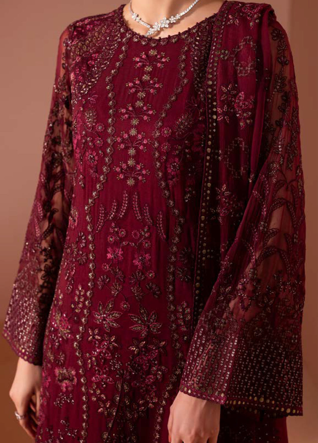 Murawwat by Lavish Premium Unstitched Luxury Chiffon Embroidered 3 peice LV25MC M-01 Rosewood Wine - Formals Collection