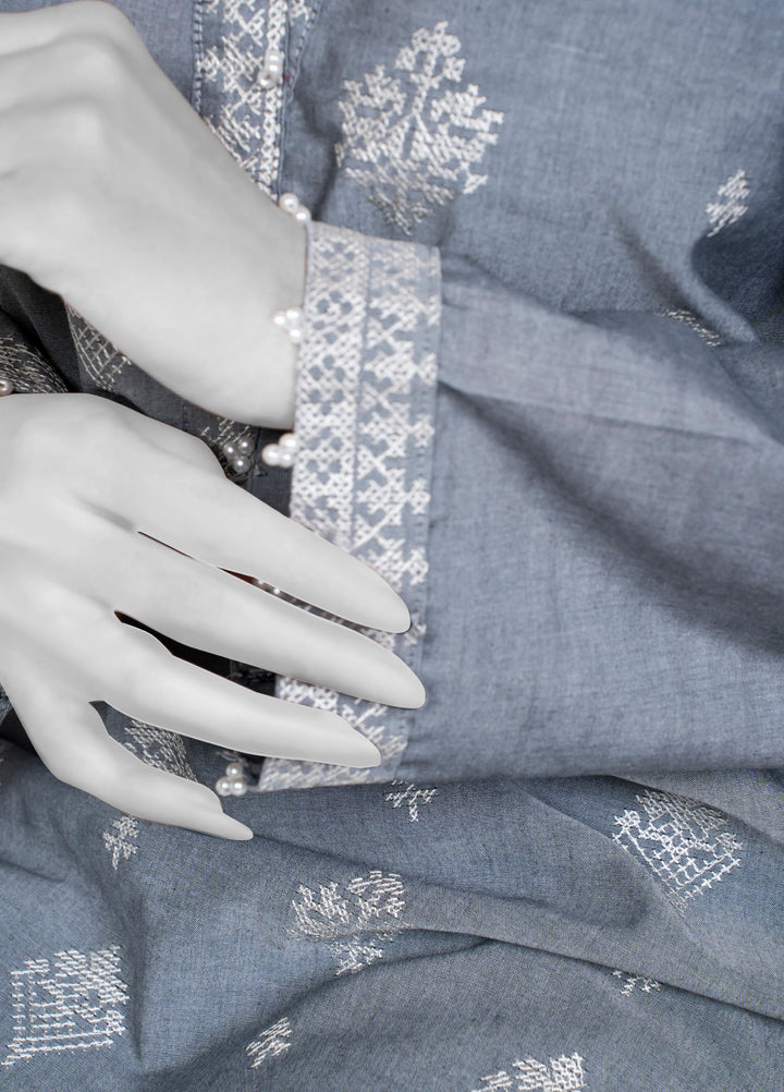 Ayla Studio Women Pret Chambray Solid Embroidered 2-Piece RTW Grey - Winter Collection