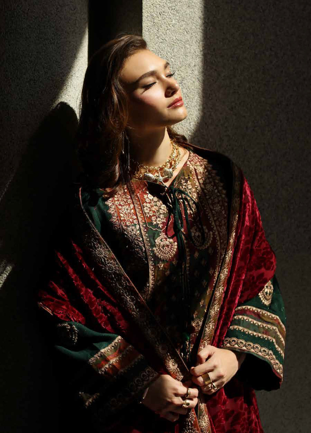 Poshima by Charizma Unstitched Peach Leather Embroidered Suit with Velvet Shawl 3 Piece CRZ25LW PSW5-17 - Winter Collection