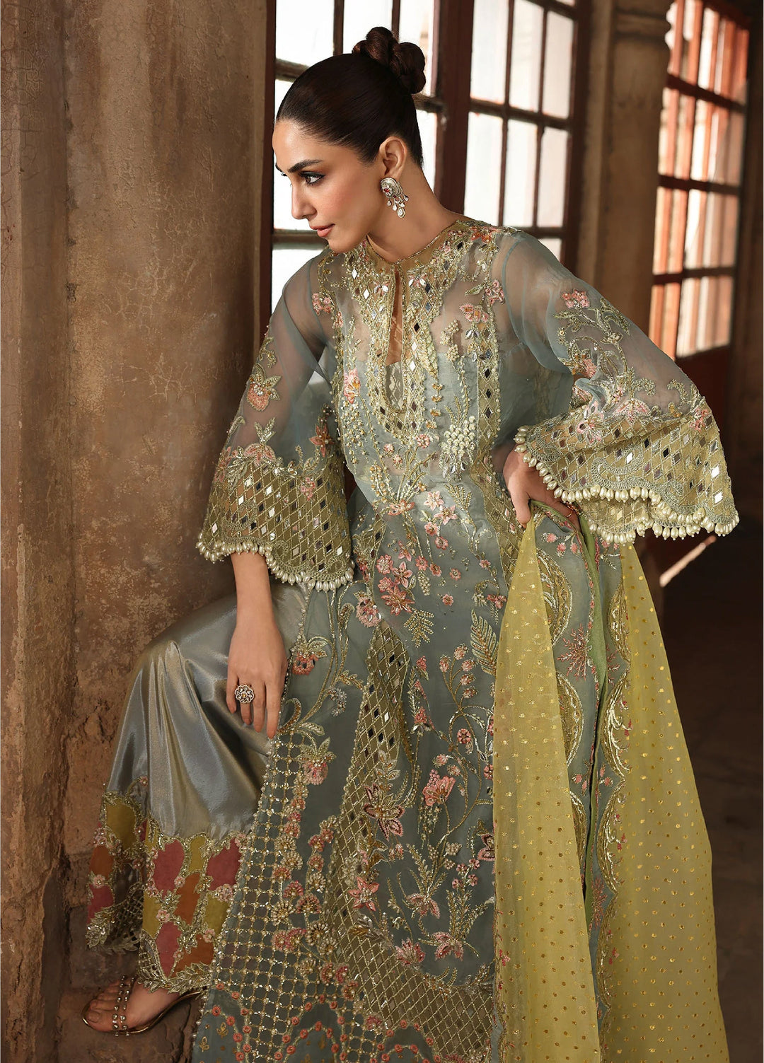 Crimson Unstitched Embroidered Organza 3 Piece Suit CR26UW D-6 Jhalak SunShine Blue - Festive Collection