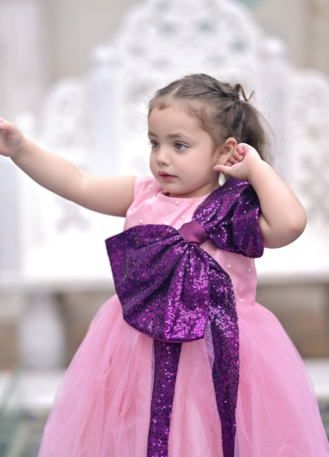 Andaz e Jahan by Qurratulain Saqib Pret kids Bareeze Net 1 Piece Solids Pink Plum Sequins Bow - Wedding Collection