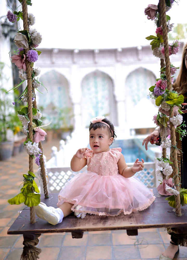 Andaz e Jahan by Qurratulain Saqib Pret kids Bareeze Net 1 Piece Embroidered Baby Frock - Wedding Collection