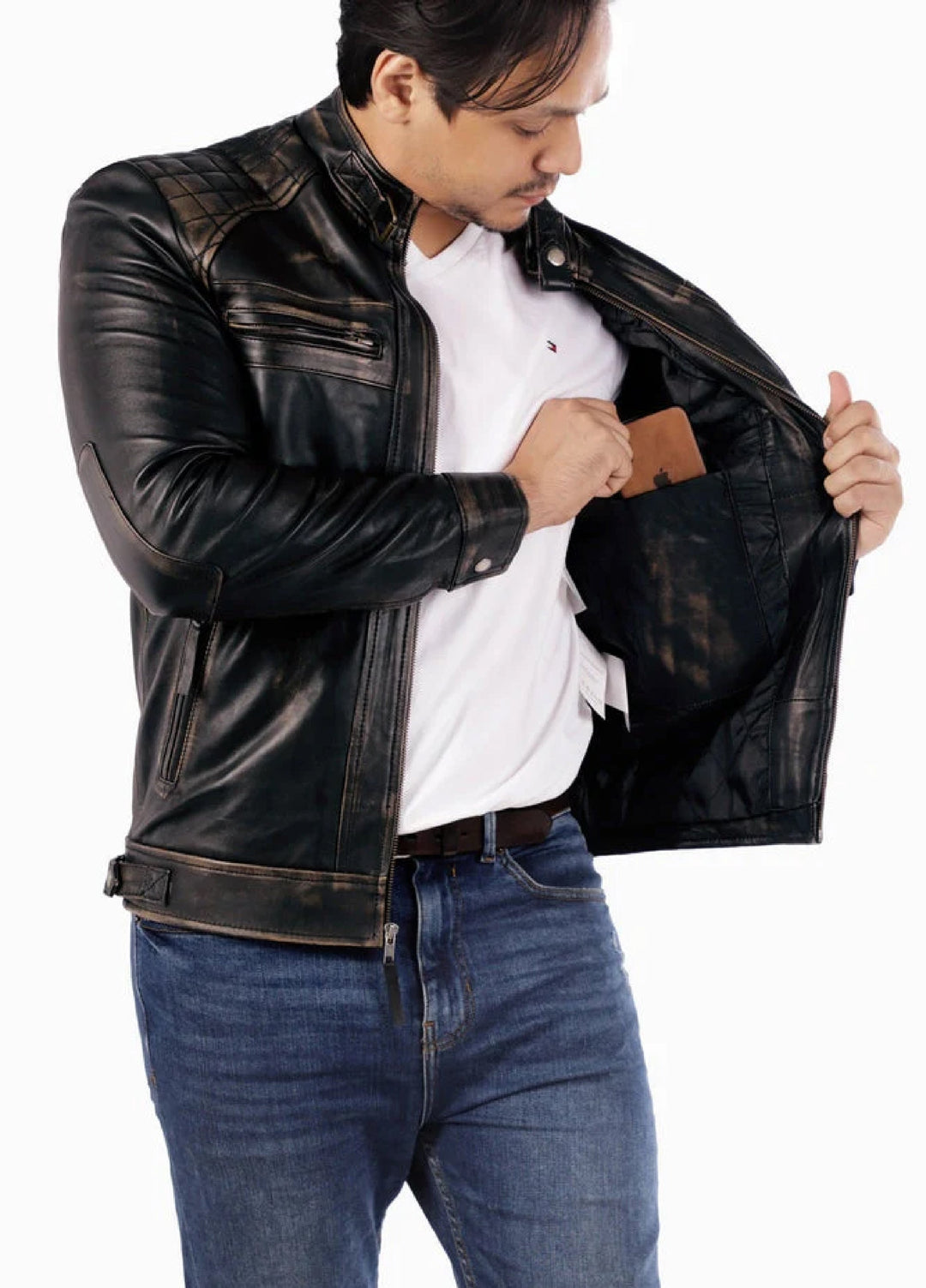 Men's Casual Signature Diamond Lambskin Leather Jacket-Vintage Black