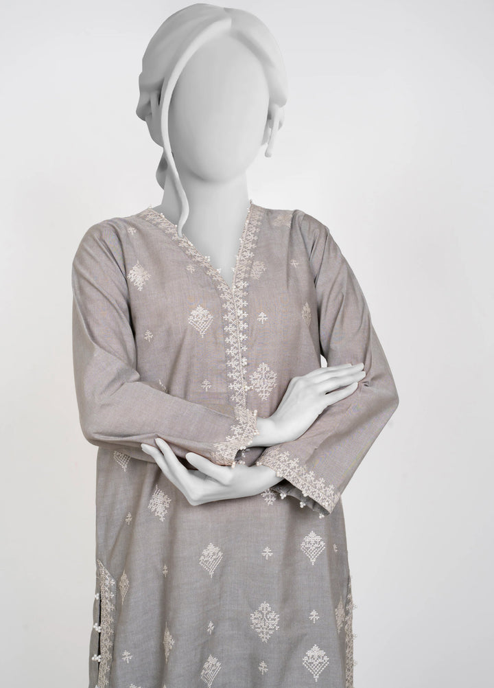 Ayla Studio Women Pret Chambray Solid Embroidered 2-Piece RTW Silver Grey - Winter Collection