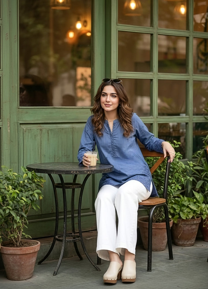 Lakhany Women Pret Embroidered Cambric Shirt Ink Blue - Winter Collection