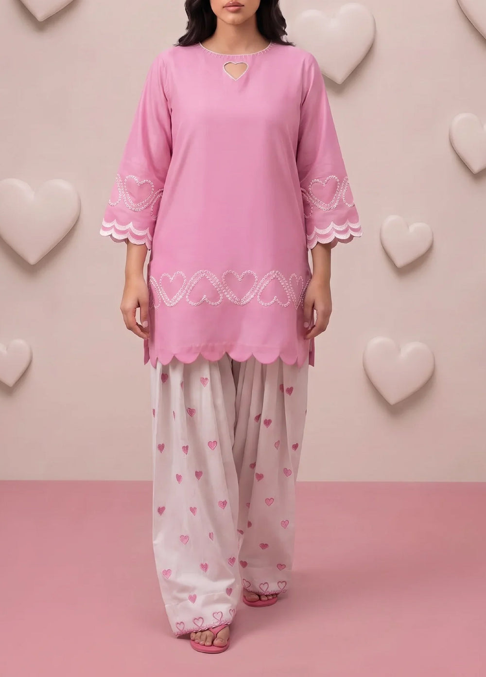Scherezade Women RTW Embroidered Cotton Lawn 3 Piece Suit PINK HEARTS - Casual Collection