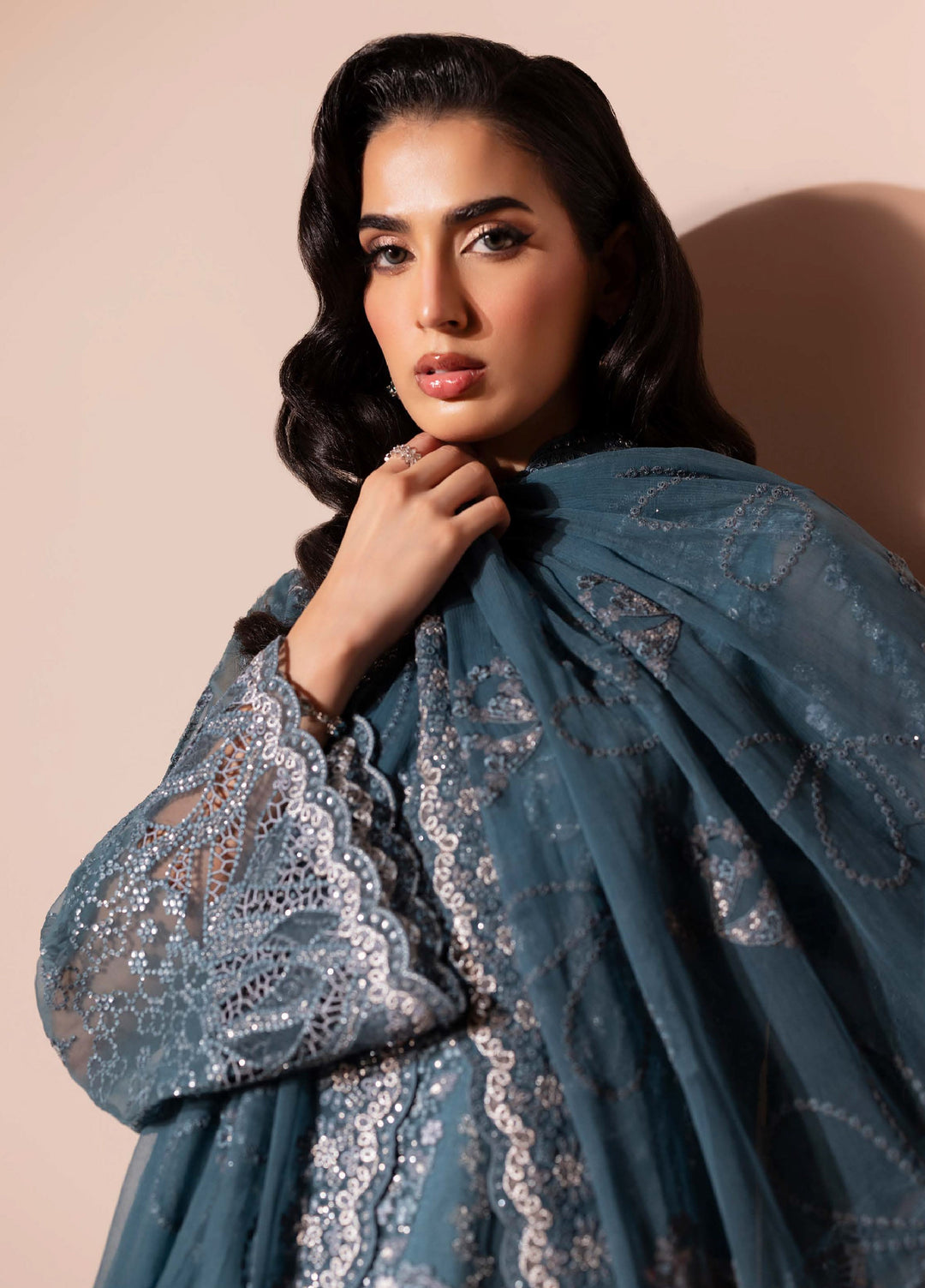 Murawwat by Lavish Premium Unstitched Luxury Chiffon Embroidered 3 peice LV25MC M-06 Ocean Teal - Formals Collection