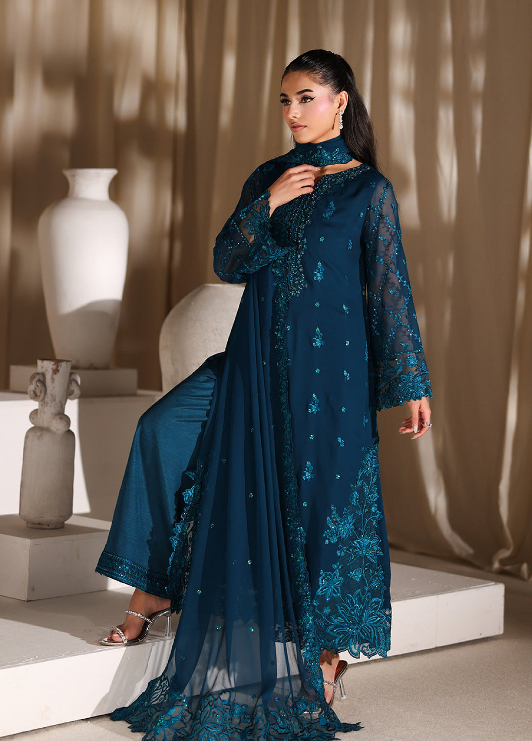 Azure Unstitched Embroidered Chiffon 3 Piece Suit AZ26ULC Majestic Teal - Festive Collection