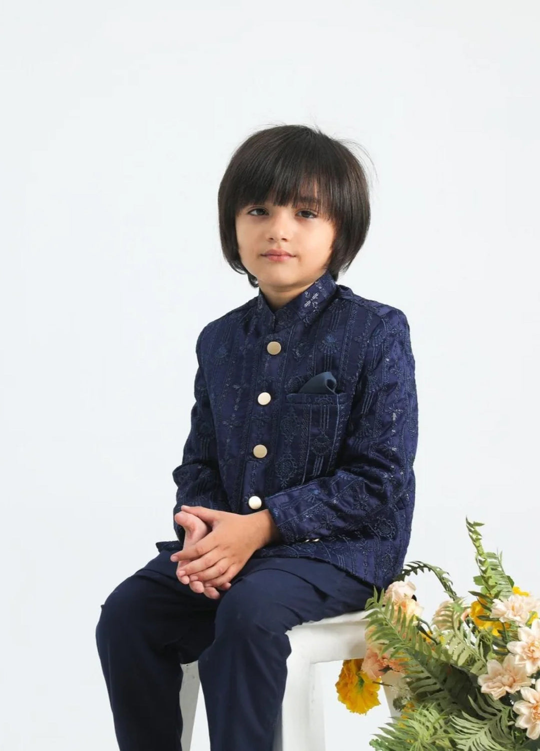 Muraqsh Ready To Wear Cotton Boys Navy Blue Kurta Trouser with Sequin Embroidered Prince Coat ABD-ASB3S - Summer Collection