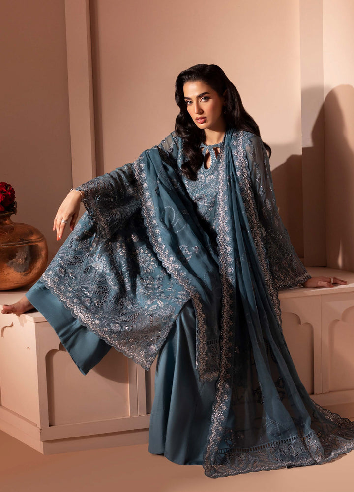 Murawwat by Lavish Premium Unstitched Luxury Chiffon Embroidered 3 peice LV25MC M-06 Ocean Teal - Formals Collection