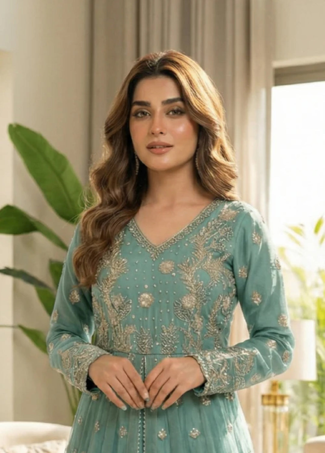 Essentials by Diara Couture Women Pret Embroidered Organza 3 Piece Suit Naranj US-510 Aqua - Wedding Collection