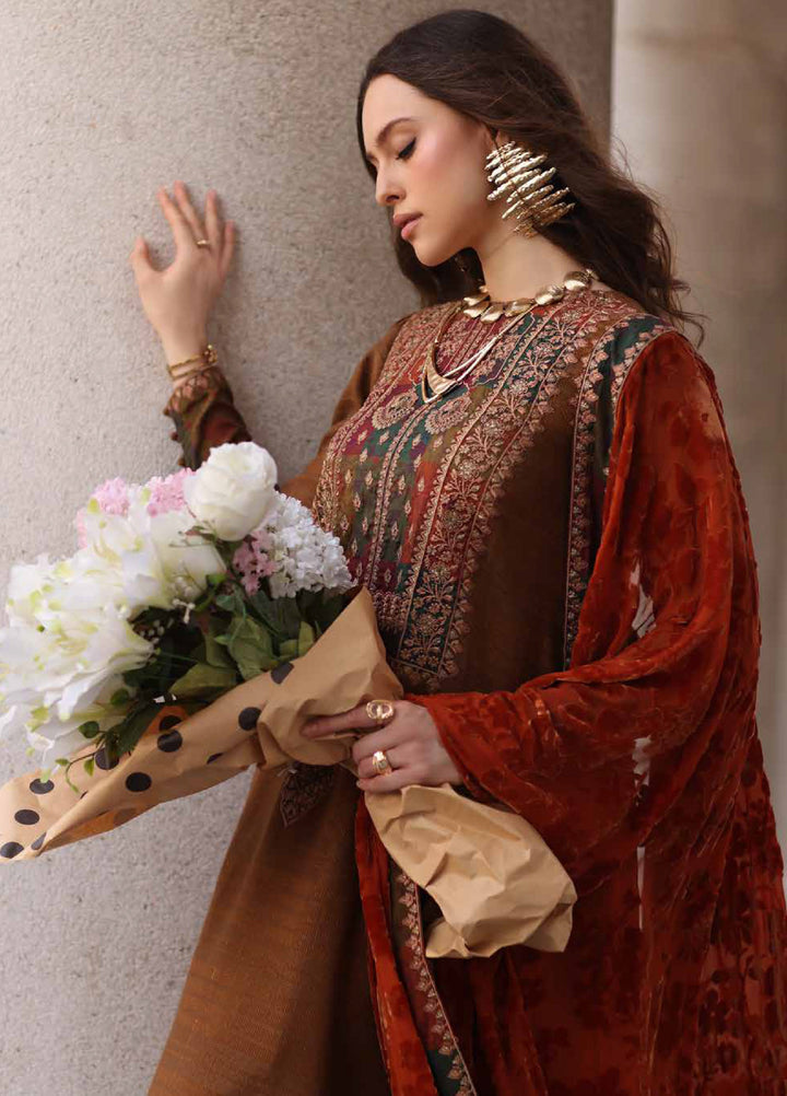 Poshima by Charizma Unstitched Peach Leather Embroidered Suit with Velvet Shawl 3 Piece CRZ25LW PSW5-18 - Winter Collection