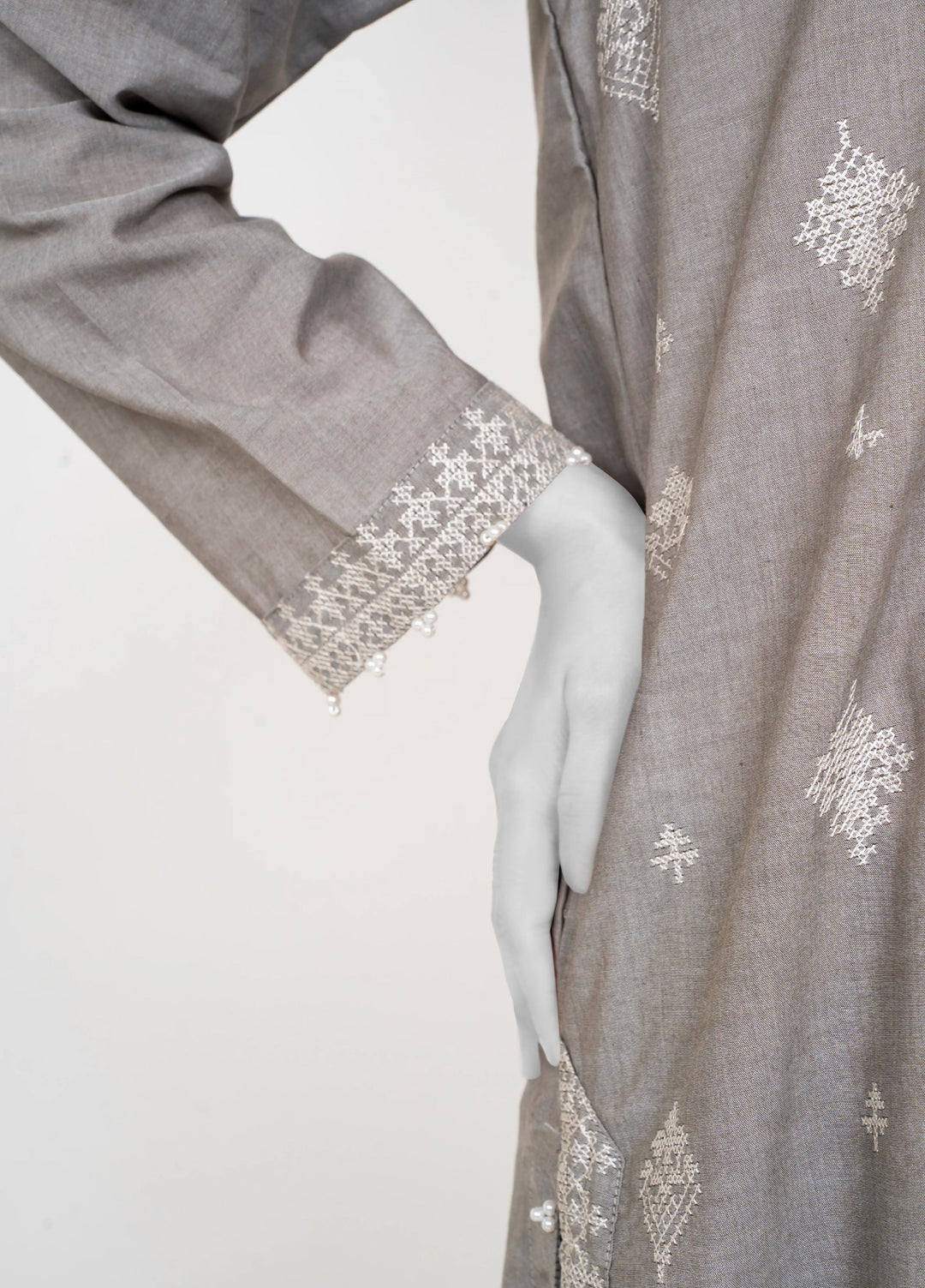 Ayla Studio Women Pret Chambray Solid Embroidered 2-Piece RTW Silver Grey - Winter Collection