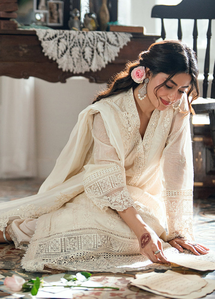 Eid Ensembles by Azure Unstitched Embroidered Khaddi Net 3 Piece Suit AZ26UEE ES-136 Ivory Petal - Eid Collection