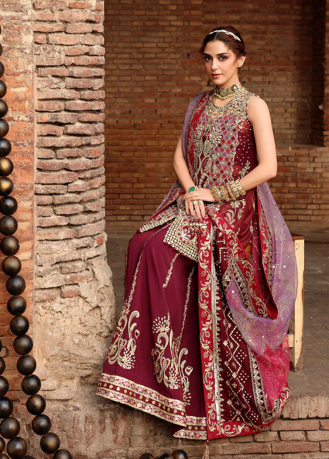 Crimson Unstitched Embroidered Organza 3 Piece Suit CR26UW D-2 Nazo Wine - Festive Collection