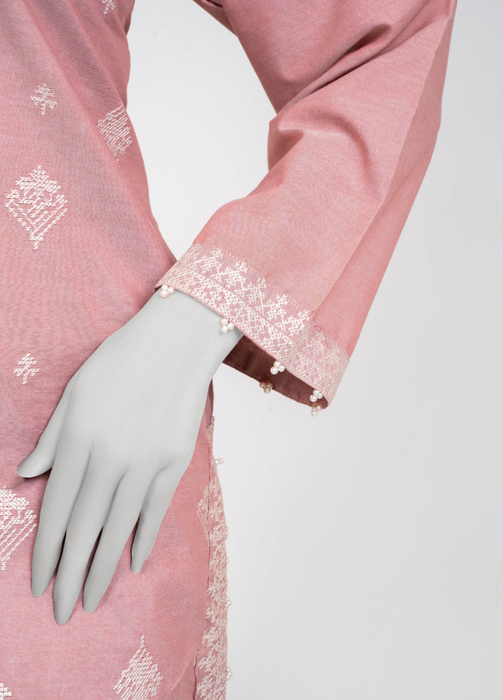Ayla Studio Women Pret Chambray Solid Embroidered 2-Piece RTW Pink - Winter Collection