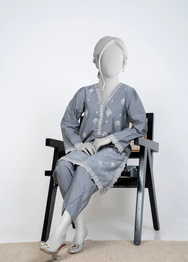 Ayla Studio Women Pret Chambray Solid Embroidered 2-Piece RTW Grey - Winter Collection