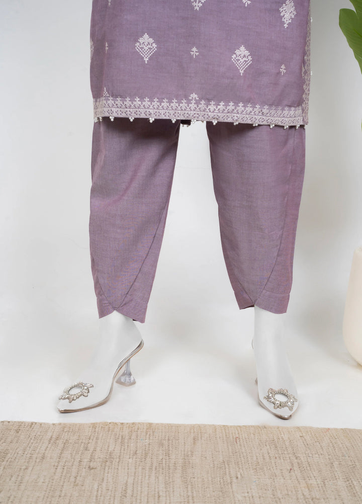 Ayla Studio Women Pret Chambray Solid Embroidered 2-Piece RTW Lilac - Winter Collection