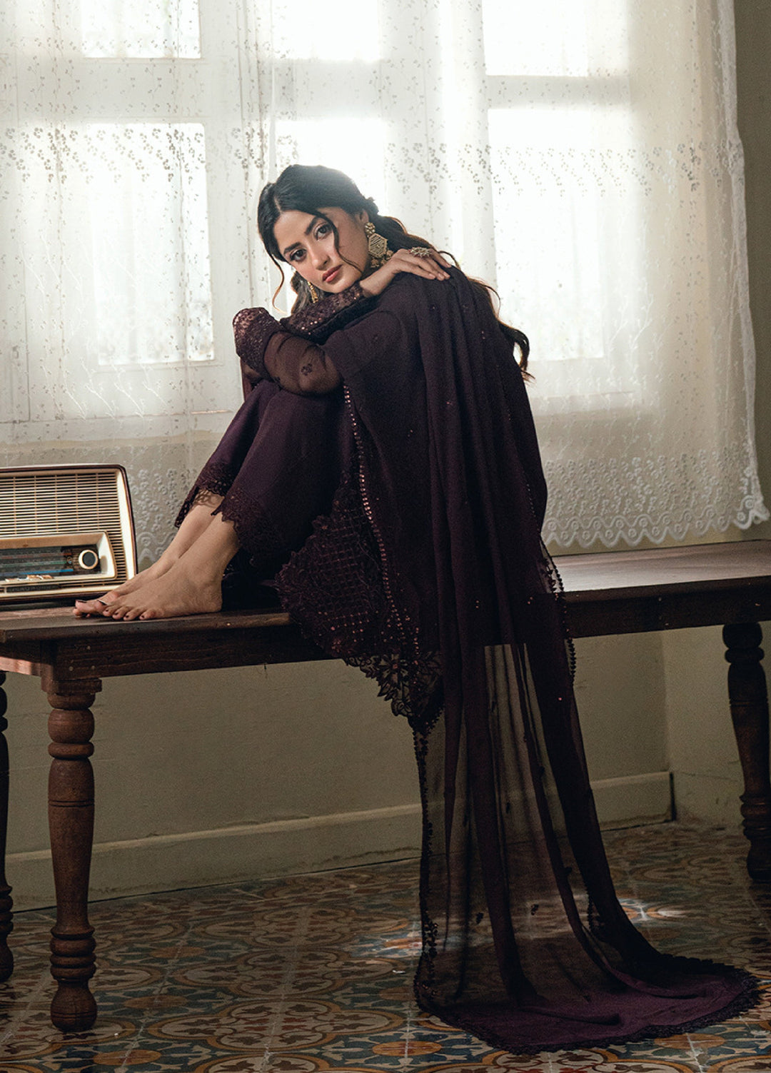 Eid Ensembles by Azure Unstitched Embroidered Chiffon 3 Piece Suit AZ26UEE ES-138 Nectar Rouge - Eid Collection