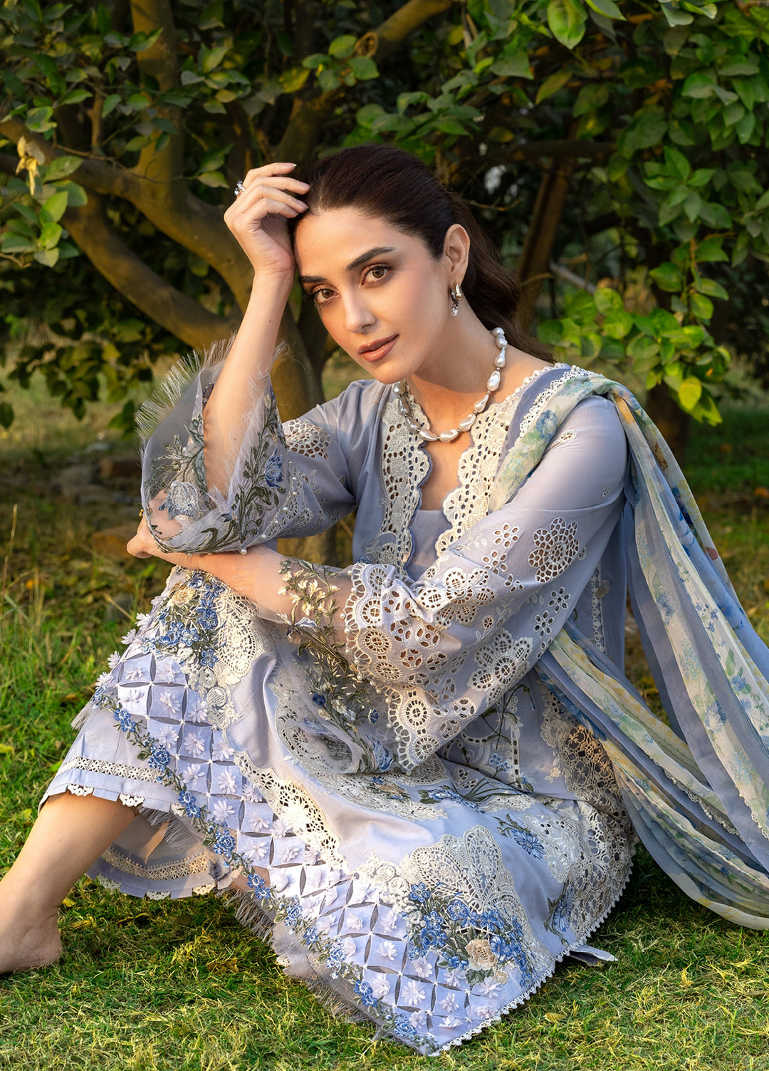 Elaf Premium Unstitched Embroidered Luxury Lawn 3 Piece Suit EL26UPL ELY-12 SKY BLISS - Summer Collection