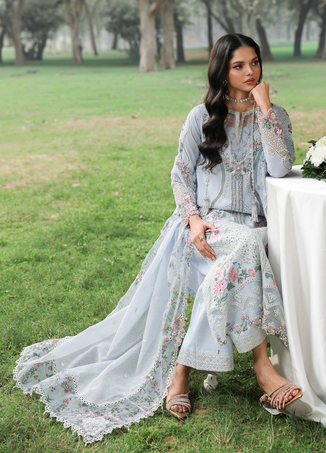 Tales of Petals by Sardinia Unstitched Embroidered Luxury Lawn 3 Pcs Suit SRD26UTP D-7 Morning Sky - Festive