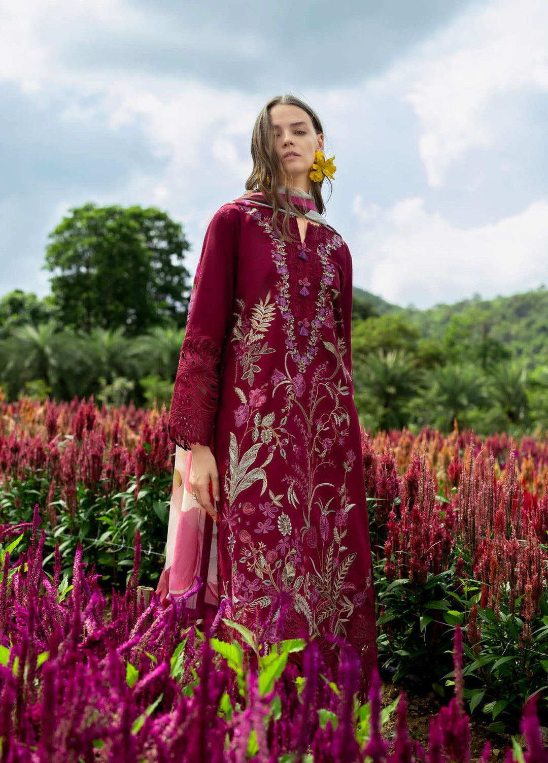 The Secret Garden by Mushq Hemline Unstitched Lawn 3 Piece Suit MU26USG D-14B Aurora Petals - Summer Collection