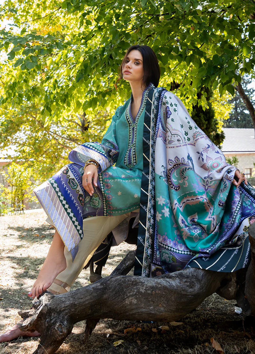 Mushq Hemline Echoes Of Serneity Unstitched Festive Raw Silk Printed 3 Piece MQ25ES D-10 Lunar Dew - Festive Collection