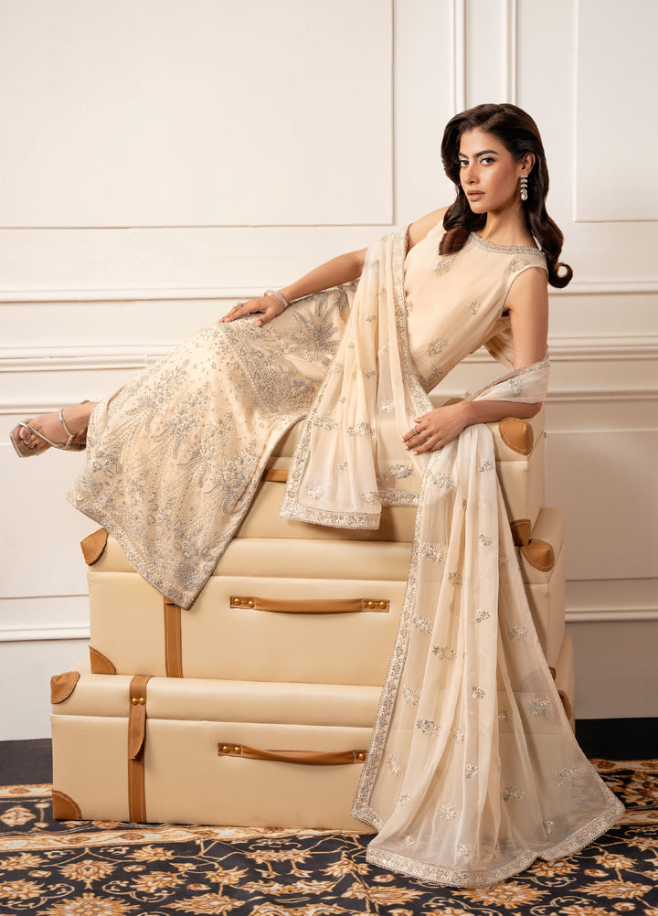 Check In by Zarizaa Embroidered Chiffon 3 Piece Suit ZZ26UCI CREME - Festive Collection