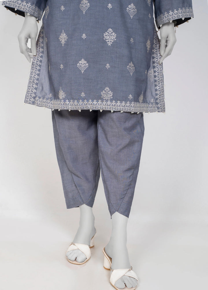 Ayla Studio Women Pret Chambray Solid Embroidered 2-Piece RTW Charcoal - Winter Collection