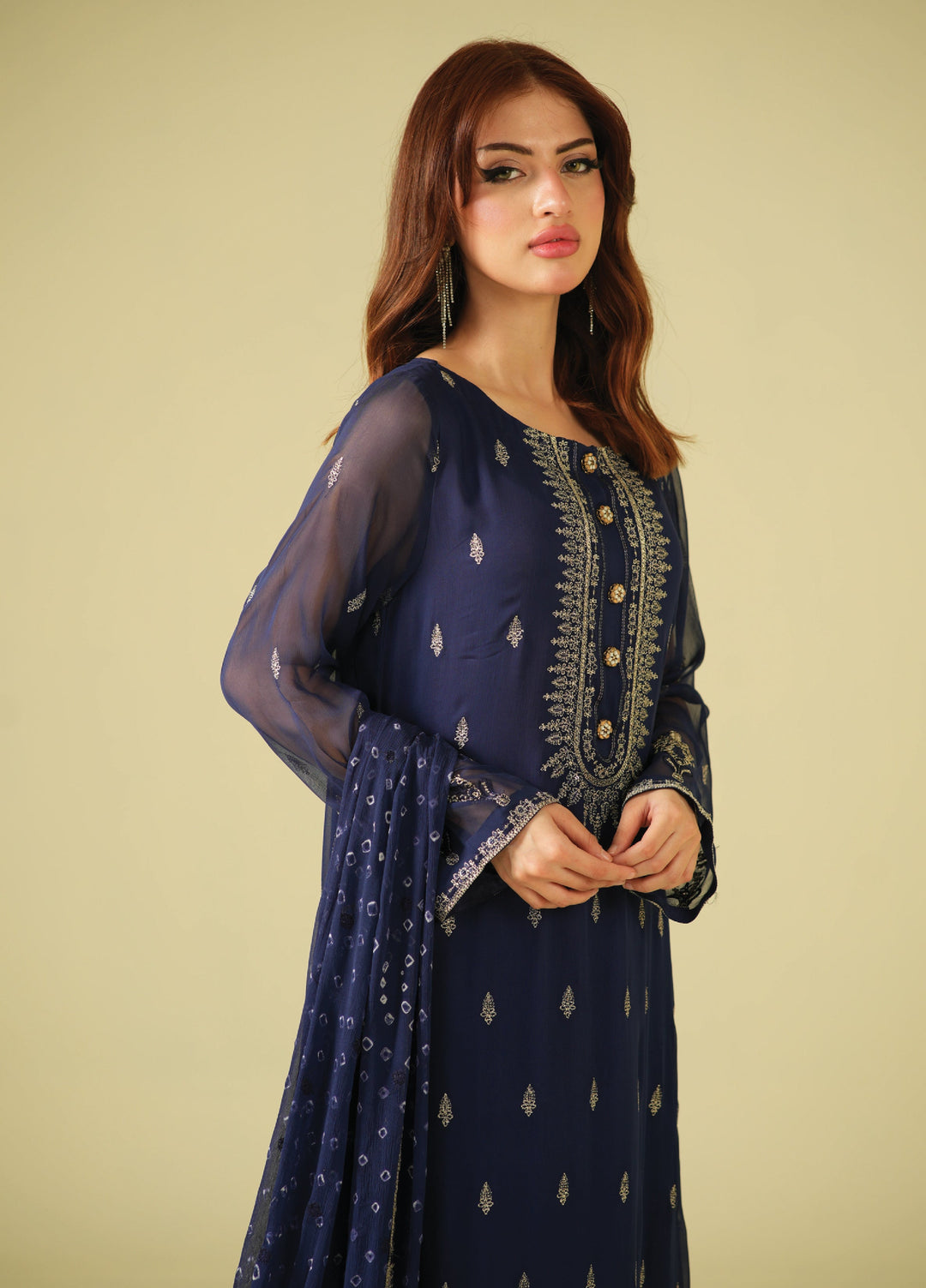 Satrang by Zouj Unstitched Chunri Chiffon Embroidered Suits 3 Piece ZJ25SC ZJCH-0032 Navy Blue - Festive Collection