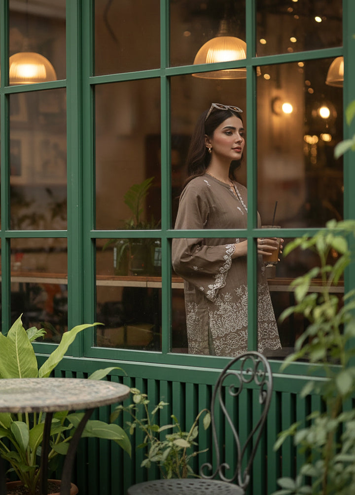 Lakhany Women Pret Embroidered Cambric Shirt Brown - Winter Collection