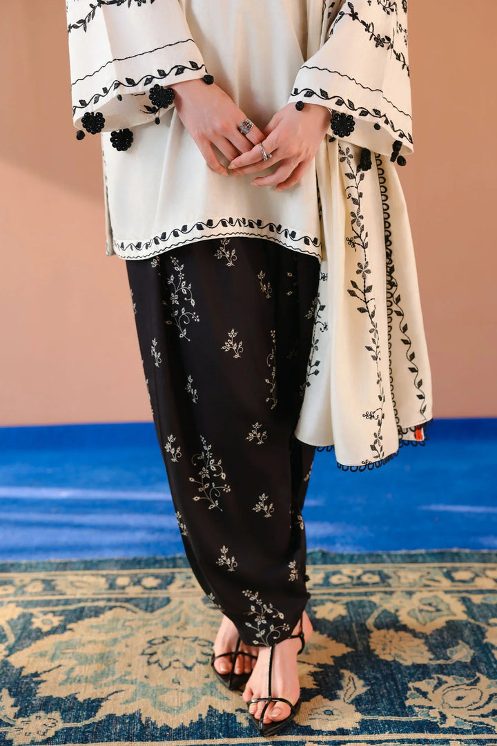 Cross Stitch Unstitched Embroidered Cotton Satin 3 Piece Suit CS26UCS Ivory Noir - Winter Collection