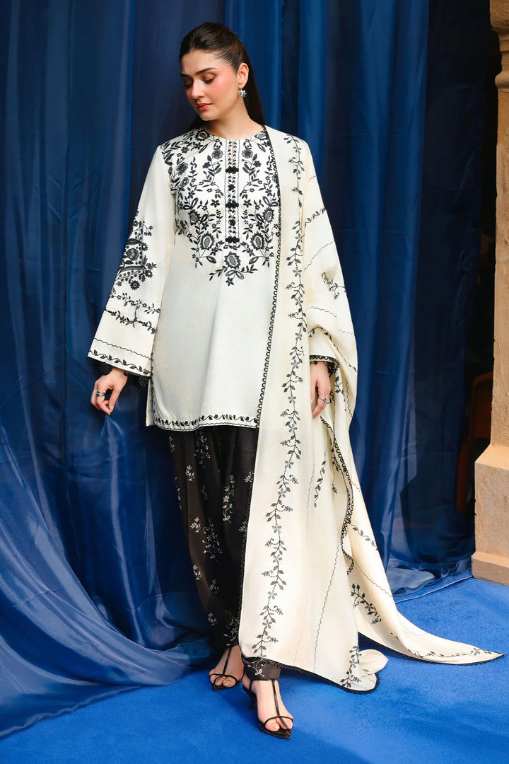Cross Stitch Unstitched Embroidered Cotton Satin 3 Piece Suit CS26UCS Ivory Noir - Winter Collection