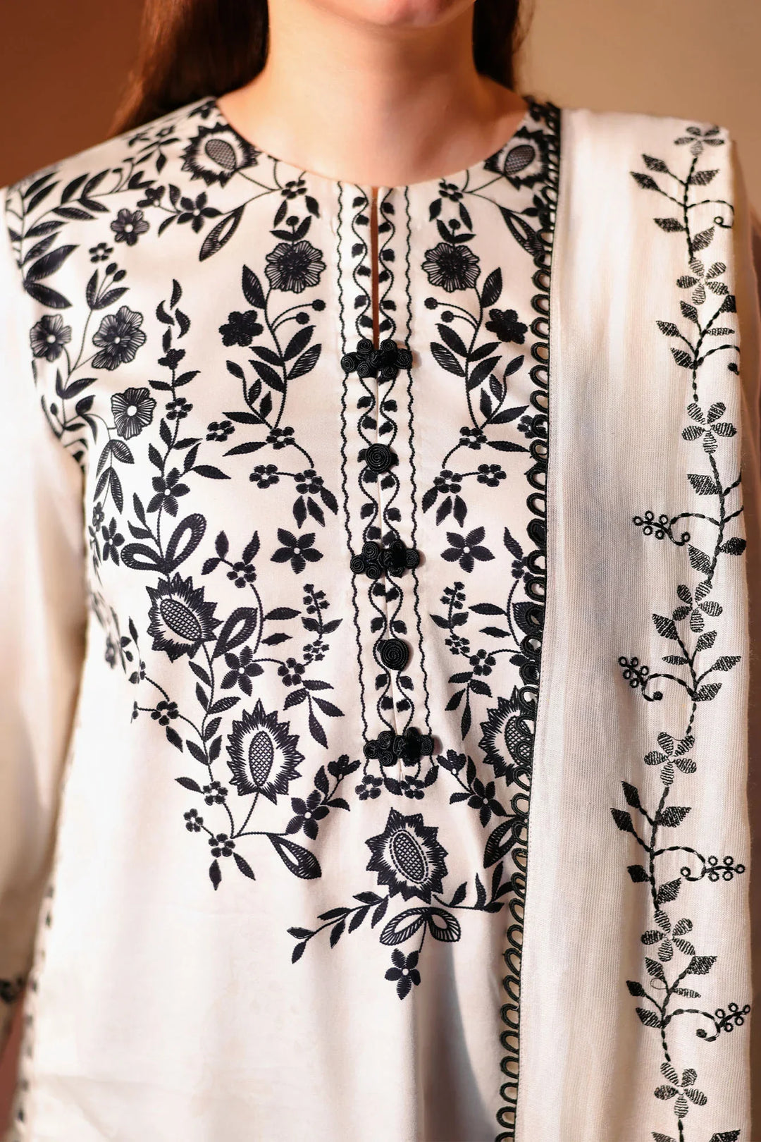 Cross Stitch Unstitched Embroidered Cotton Satin 3 Piece Suit CS26UCS Ivory Noir - Winter Collection