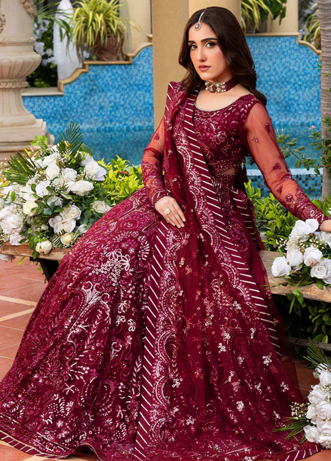 Haye Dil by Sahane Embroidered Net Suits Unstitched 4 Piece SNE25HD CT 29009 Crimson HeartBeat - Formals Collection