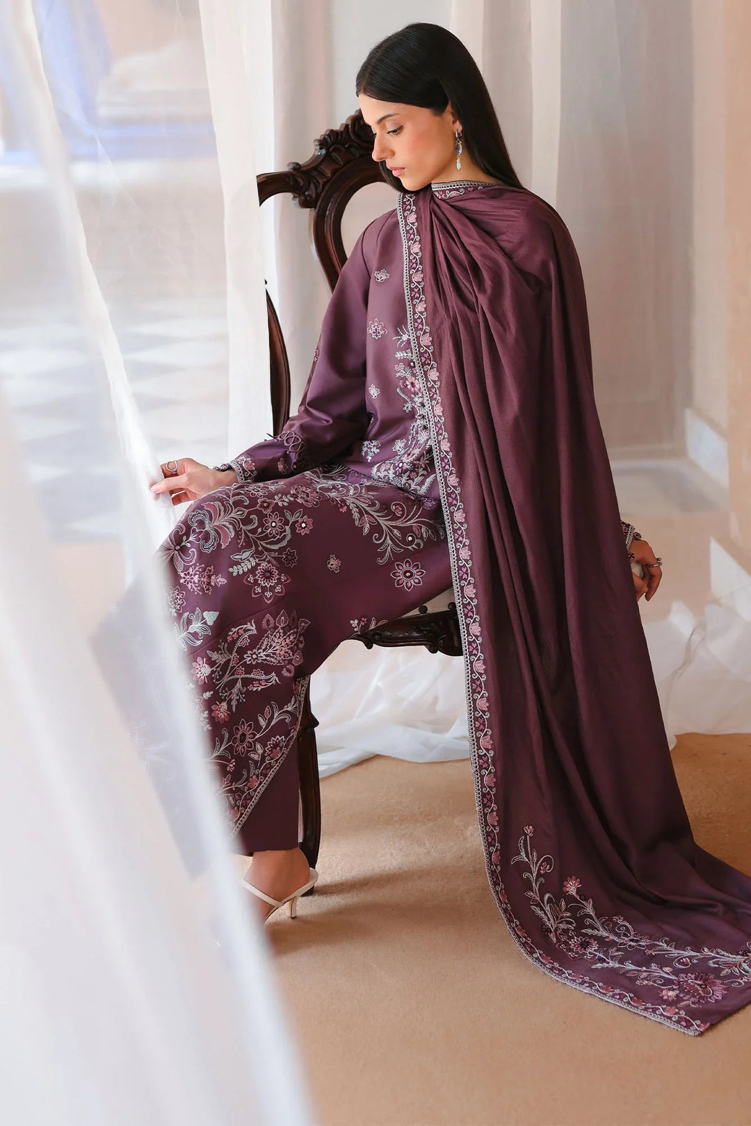 Cross Stitch Unstitched Embroidered Cotton Satin 3 Piece Suit CS26UCS Mulberry Brown - Casual Collection