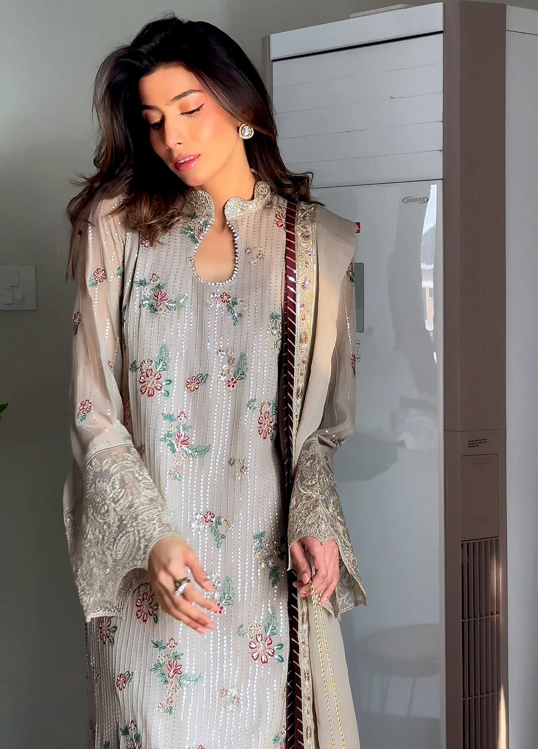 Maison d'or by Sahane Unstitched Embroidered Chiffon 3 Piece Suit CT-27005 CHAMPAGNE - Festive Collection