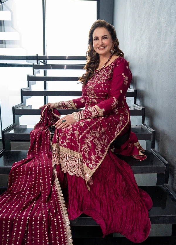 Sahane Embroidered Raw Silk Suits Unstitched 3 Piece SNE24TG TSG-07 Merlot - Festive Collection