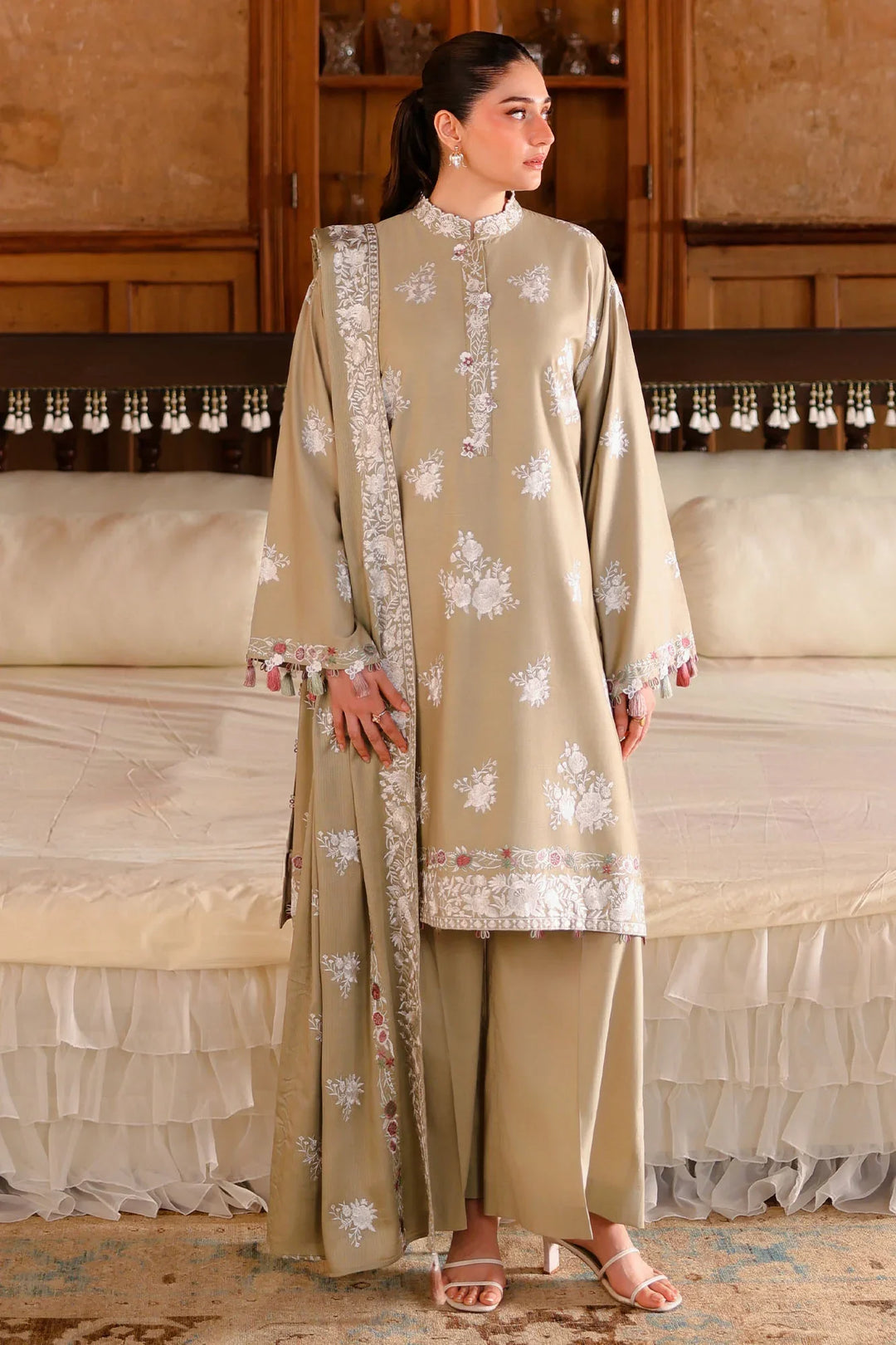 Cross Stitch Unstitched Embroidered Cotton Satin 3 Piece Suit CS26UCS Muted Sage - Casual Collection