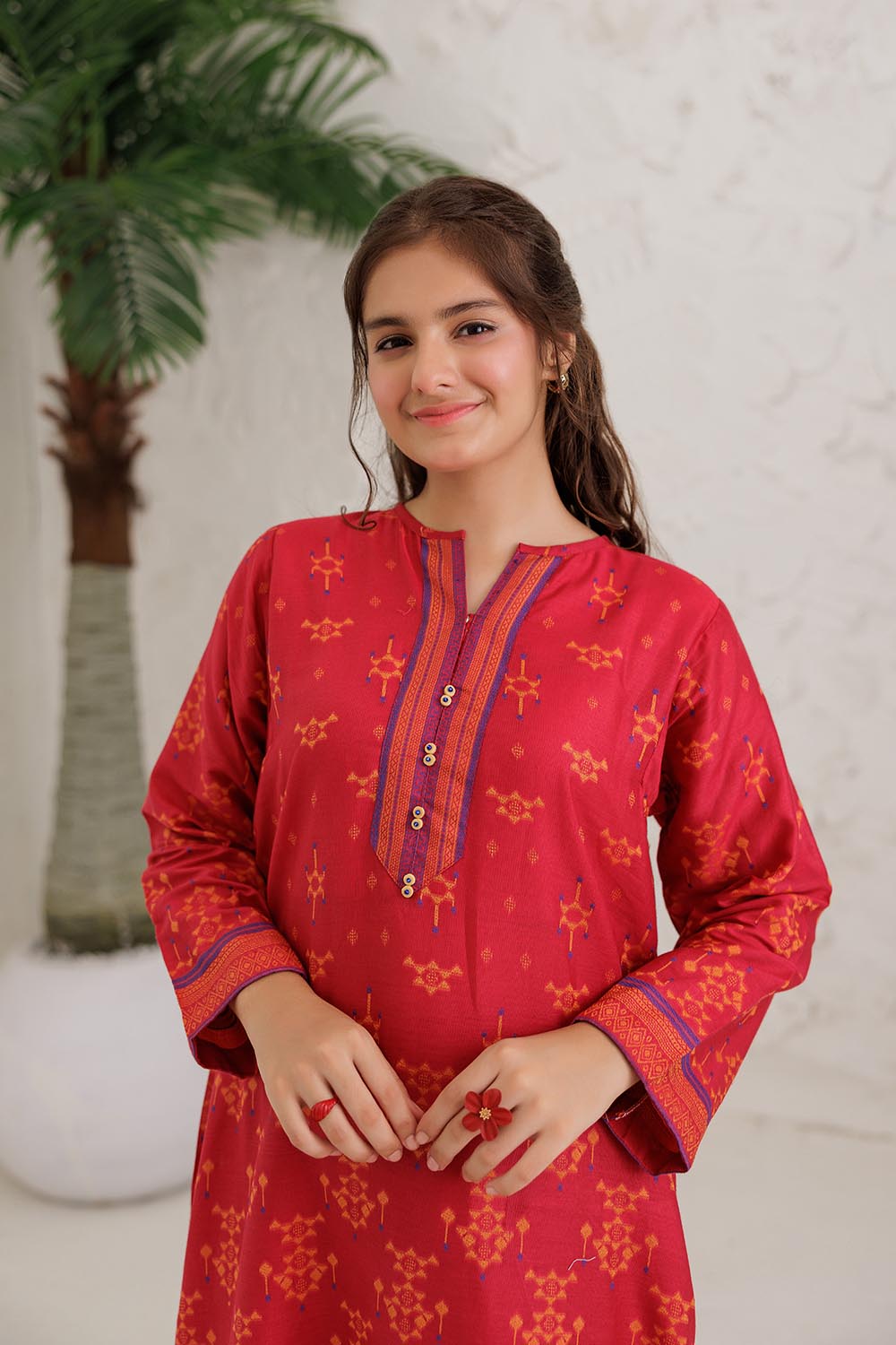 Senorita Girls Ready to Wear Girls Red and Multicolor Casual 3 Piece Suit Cotton Jacquard Solids GAD-03061 - Summer Collection