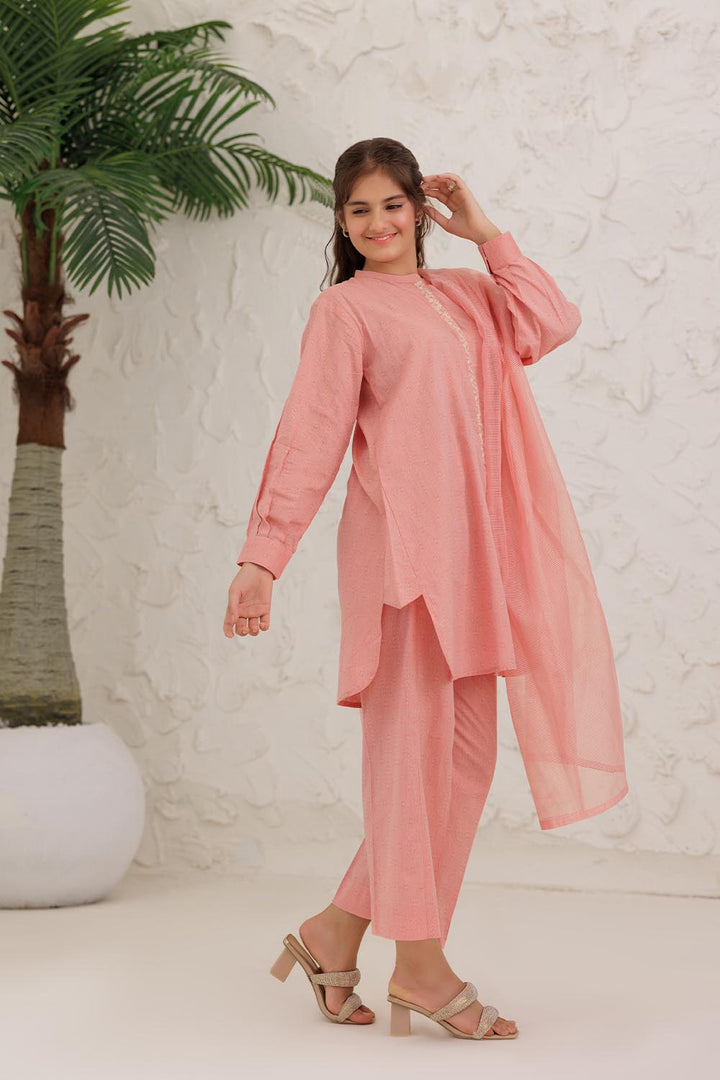 Senorita Girls Ready to Wear Girls Peach and White Casual 3 Piece Suit Cotton Self Jacquard Solids GAD-03029 - Summer Collection