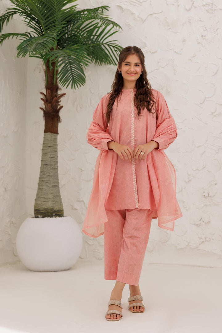 Senorita Girls Ready to Wear Girls Peach and White Casual 3 Piece Suit Cotton Self Jacquard Solids GAD-03029 - Summer Collection
