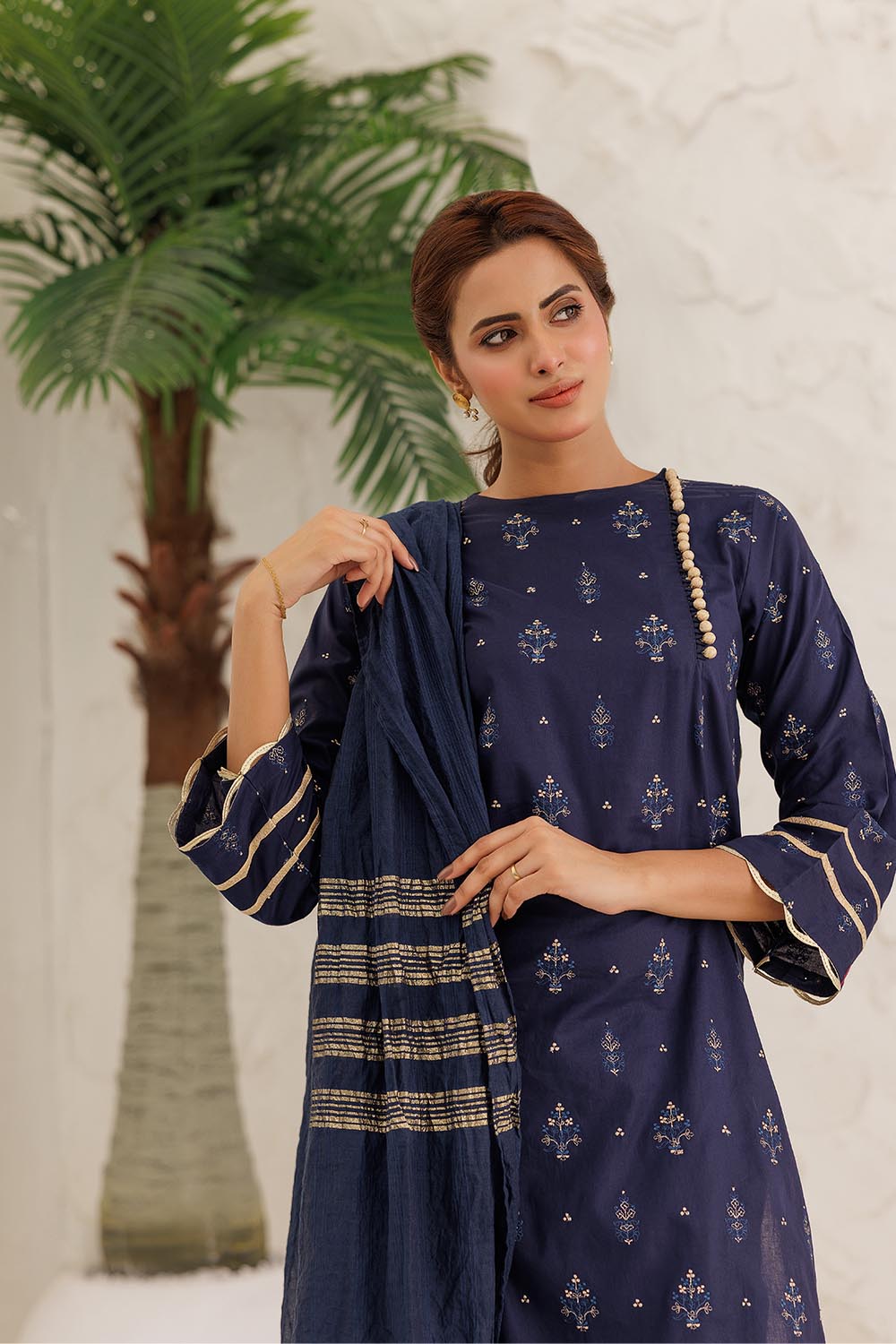 Senorita Women RTW Women Solids Navy Blue and Gold Casual Plus 3 Piece Suit Plain Cotton LBD-03086 - Summer Collection