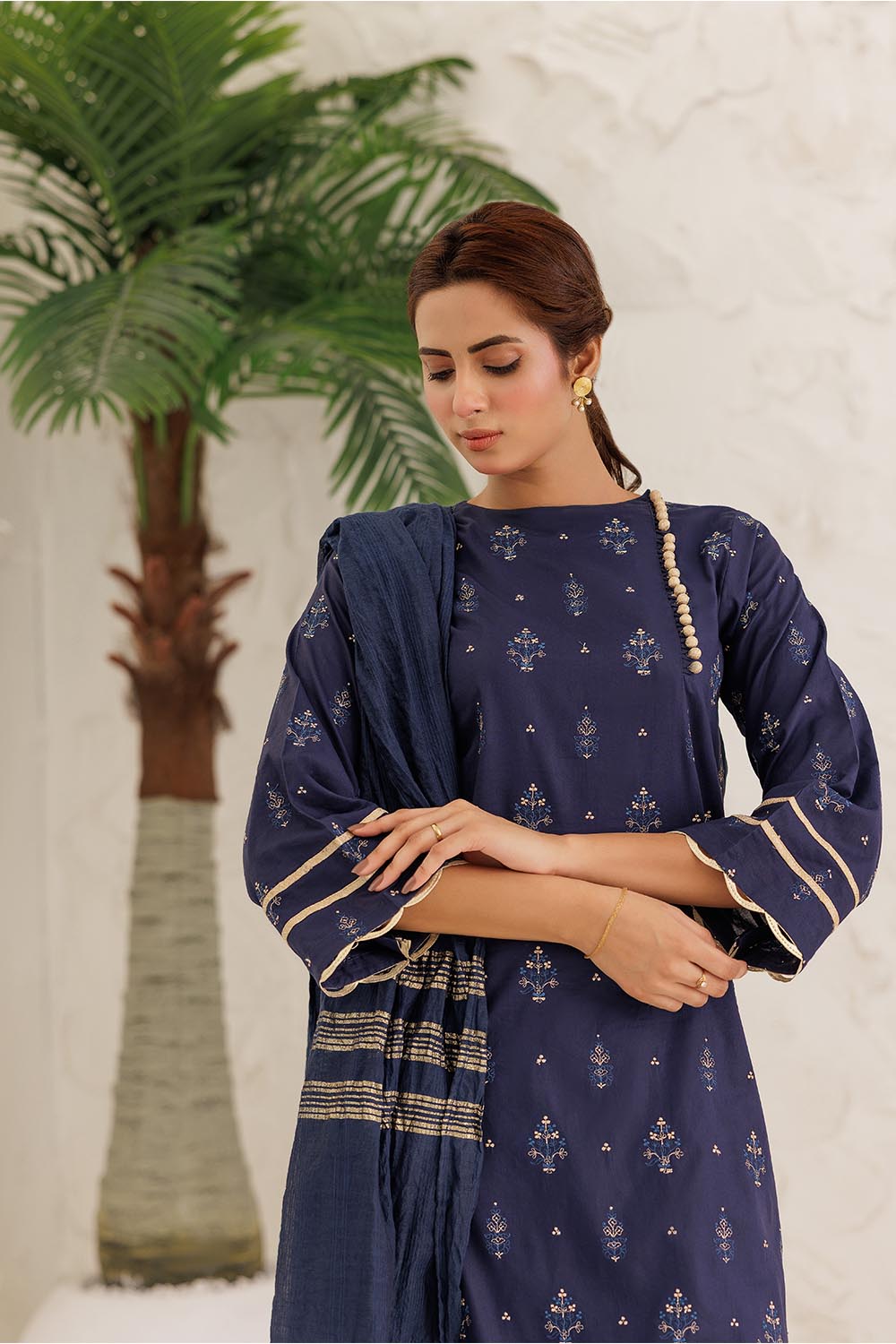 Senorita Women RTW Women Solids Navy Blue and Gold Casual Plus 3 Piece Suit Plain Cotton LBD-03086 - Summer Collection