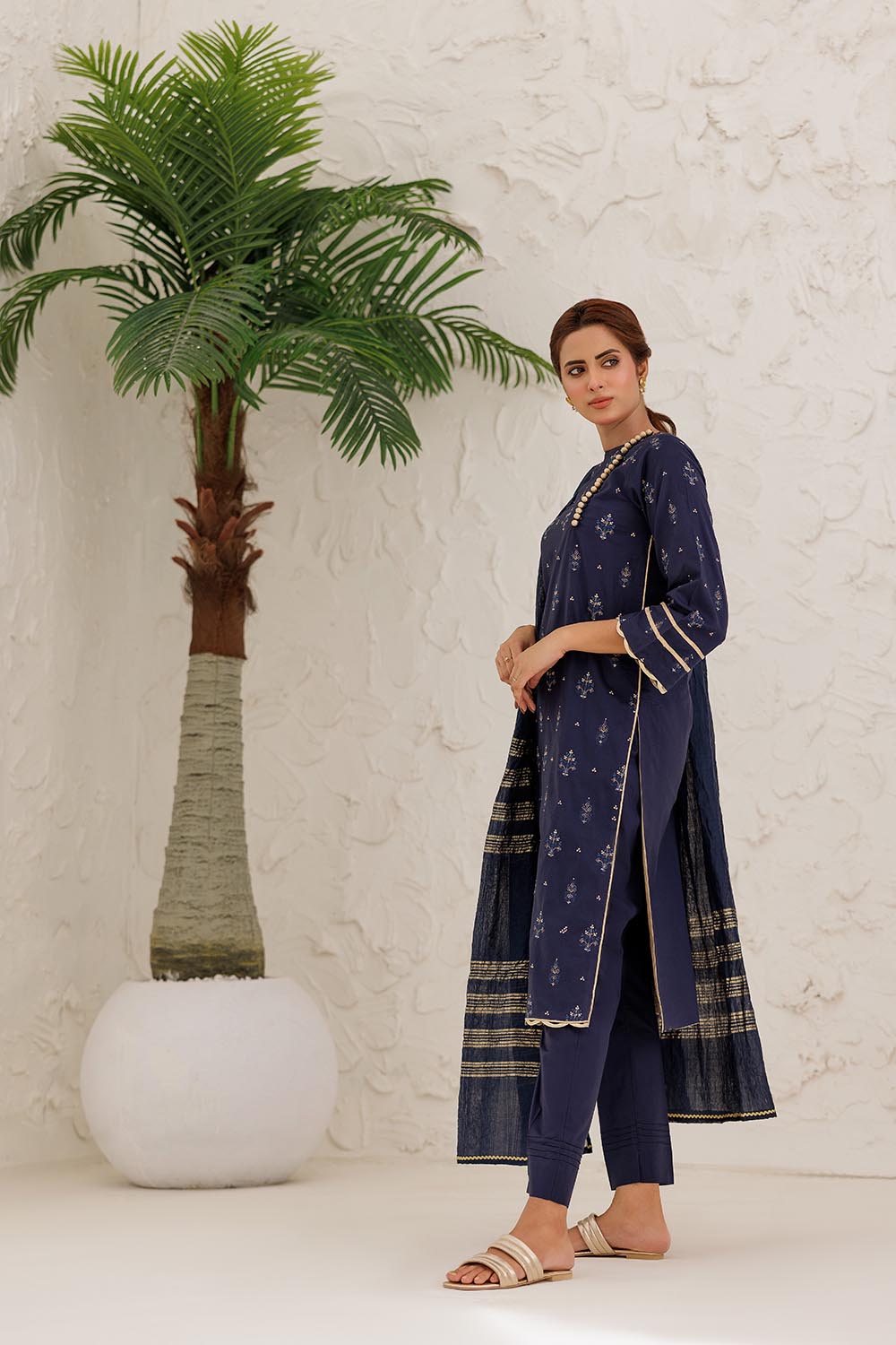 Senorita Women RTW Women Solids Navy Blue and Gold Casual Plus 3 Piece Suit Plain Cotton LBD-03086 - Summer Collection