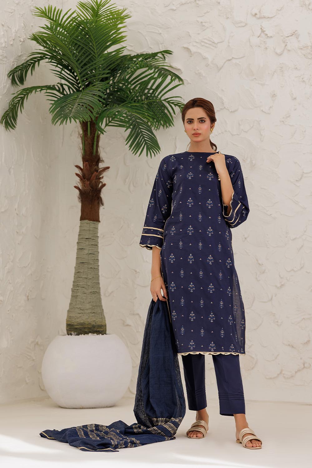 Senorita Women RTW Women Solids Navy Blue and Gold Casual Plus 3 Piece Suit Plain Cotton LBD-03086 - Summer Collection