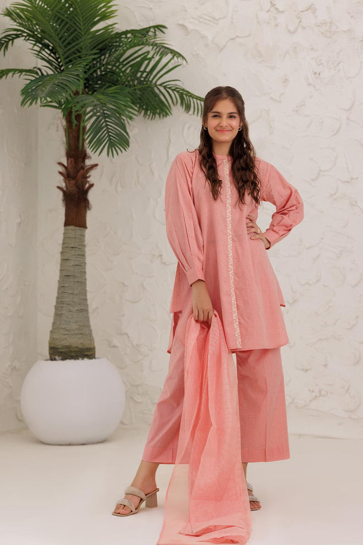 Senorita Girls Ready to Wear Girls Peach and White Casual 3 Piece Suit Cotton Self Jacquard Solids GAD-03029 - Summer Collection