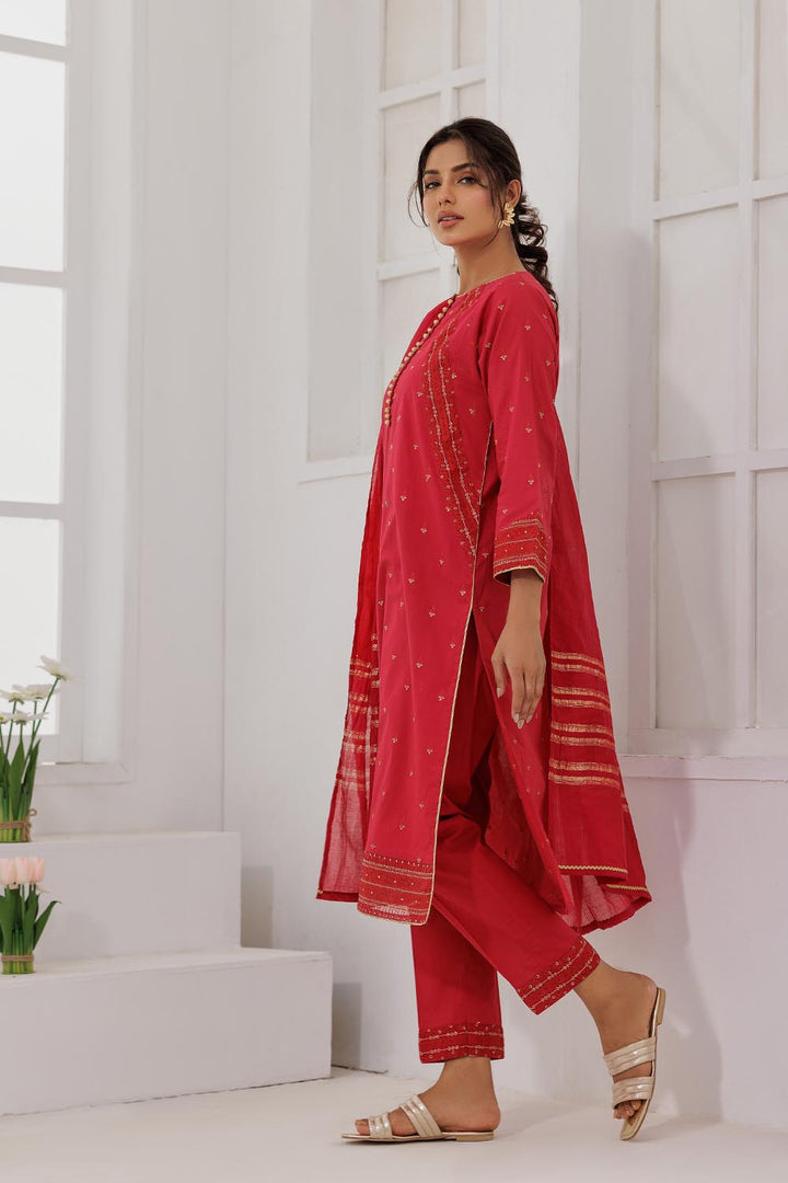 Senorita Women RTW Women Solids Maroon and Gold Casual Plus 3 Piece Suit Plain Cotton LBD-03088 - Summer Collection