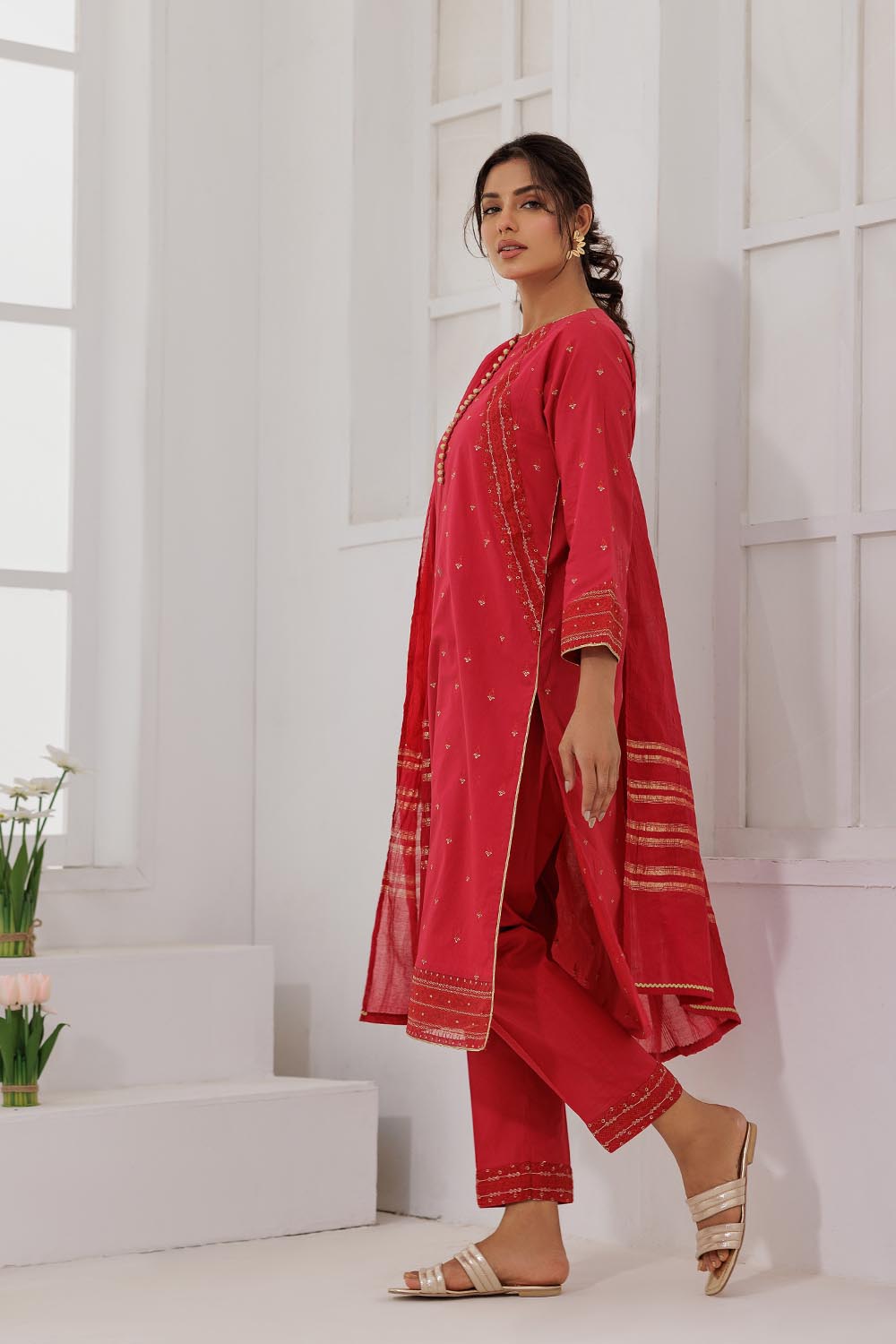 Senorita Women RTW Women Solids Maroon and Gold Casual Plus 3 Piece Suit Plain Cotton LBD-03088 - Summer Collection