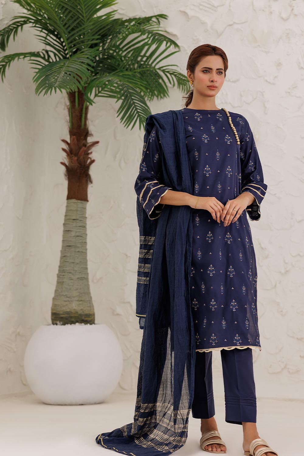 Senorita Women RTW Women Solids Navy Blue and Gold Casual Plus 3 Piece Suit Plain Cotton LBD-03086 - Summer Collection